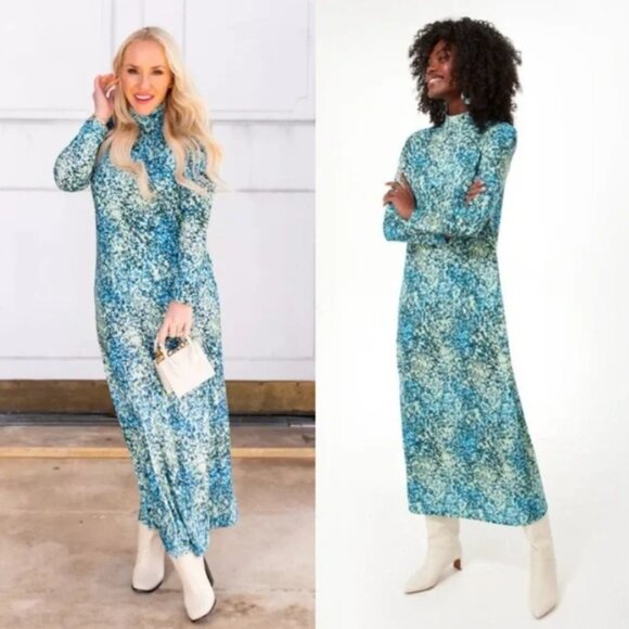 Tuckernuck Dress Womens XXL Green Blue‎ Ellery Splatter Paint Mock Neck Maxi - Picture 2 of 13